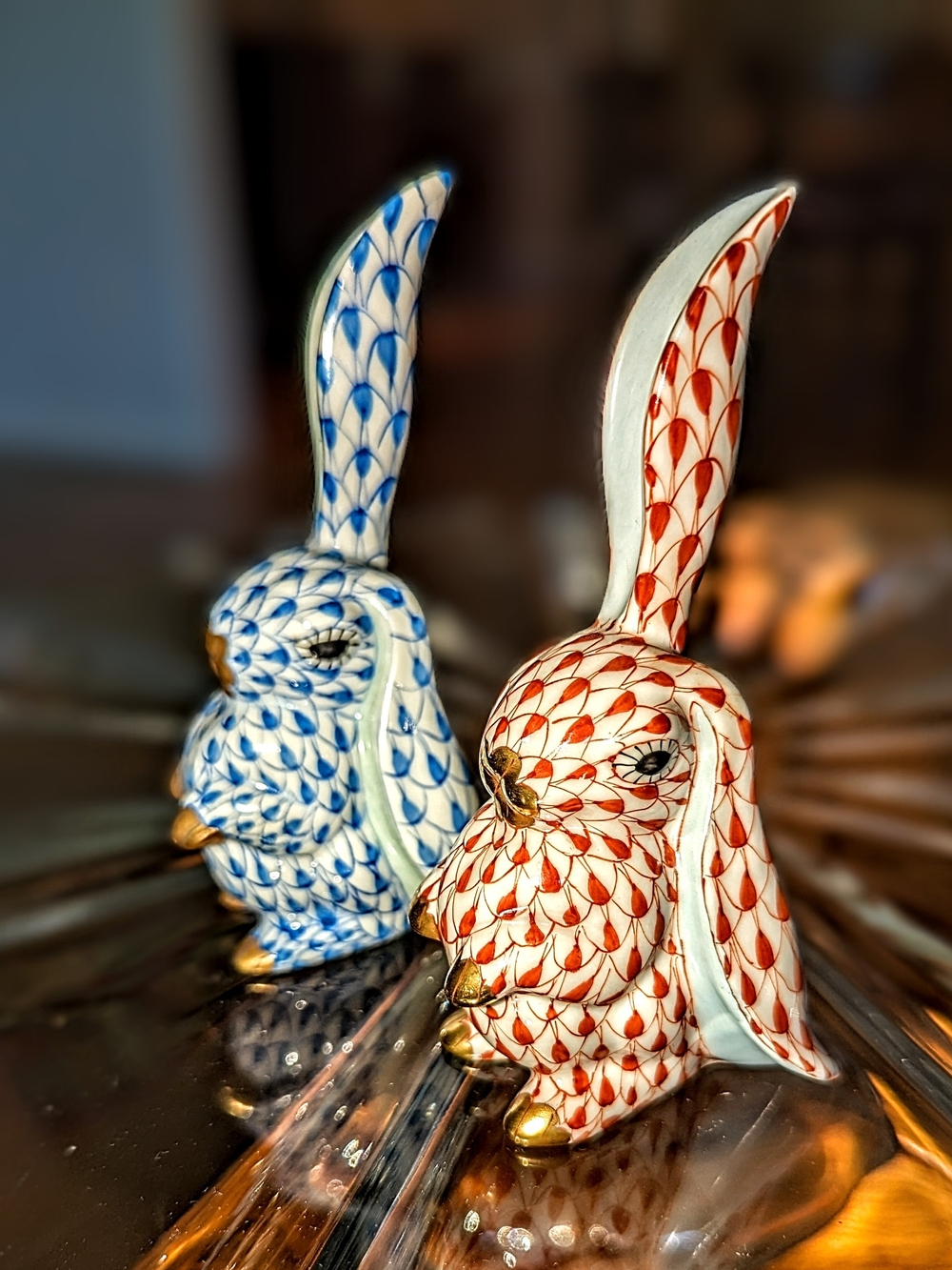 Herend Red and Blue Fishnet Rabbit Figurines with Gold Accents